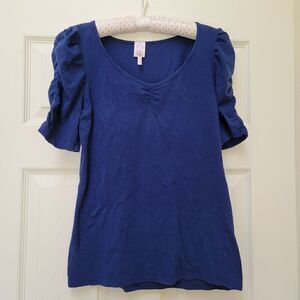 Rue21 large navy blue puff sleeve stretchy pullover blouse 3/4 sleeve ruched v-n